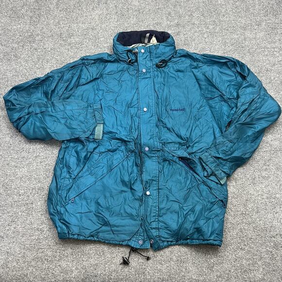 mont-bell Jacket Mens Medium Teal Ripstop Hooded Coated Nylon Rain Shell Japan - Picture 1 of 11